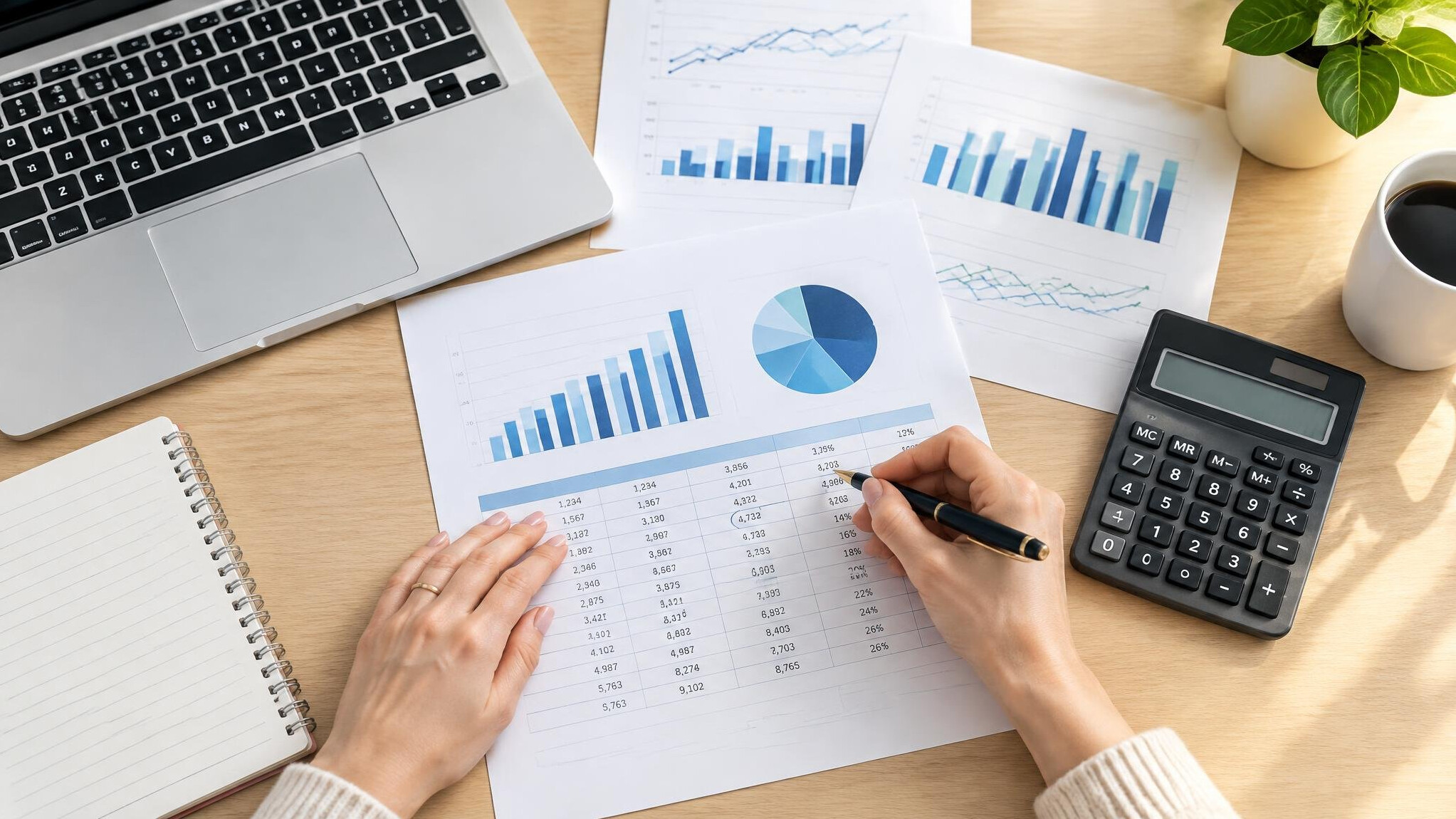 Hands working on printed charts with a laptop and calculator
