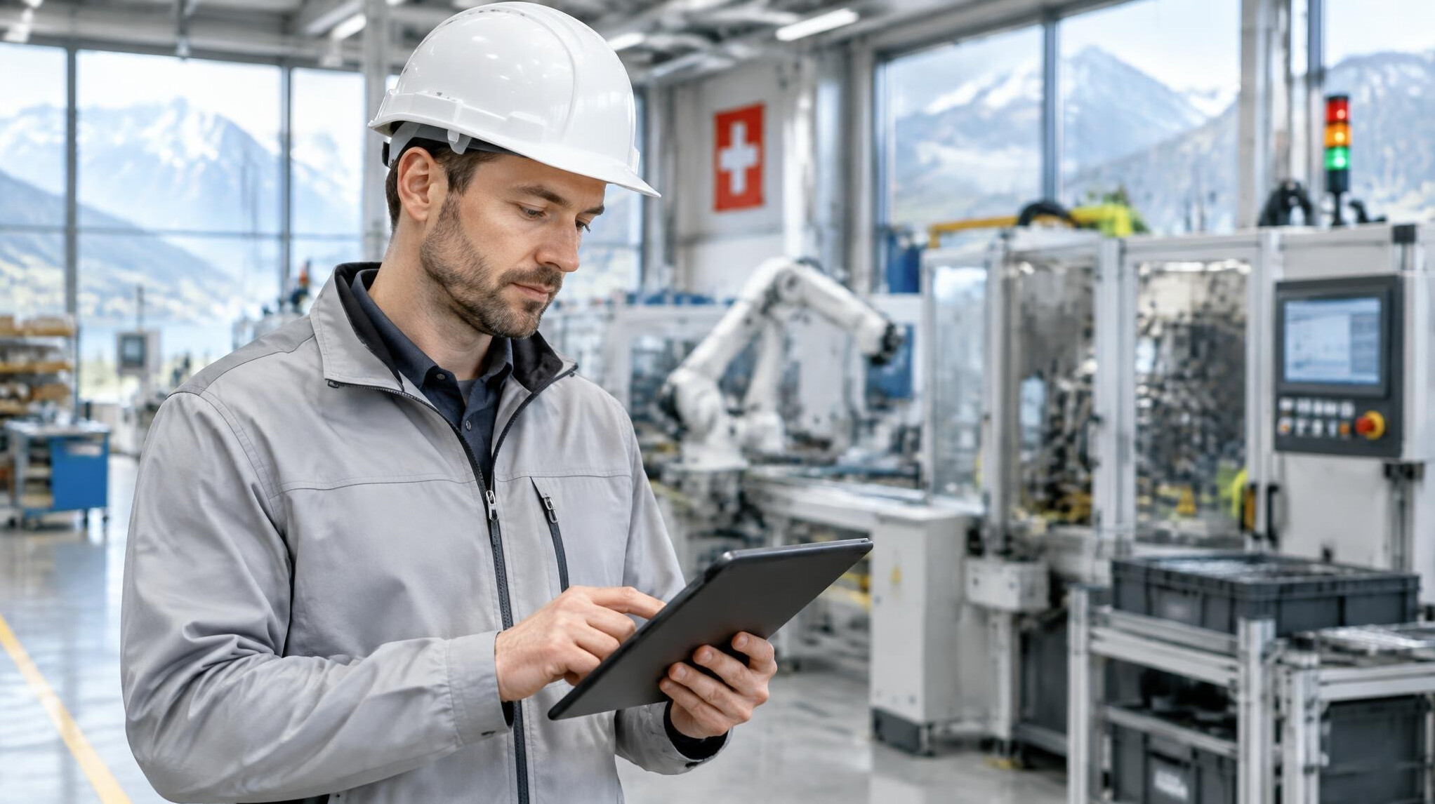 Engineer analysing data on a tablet inside a modern factory