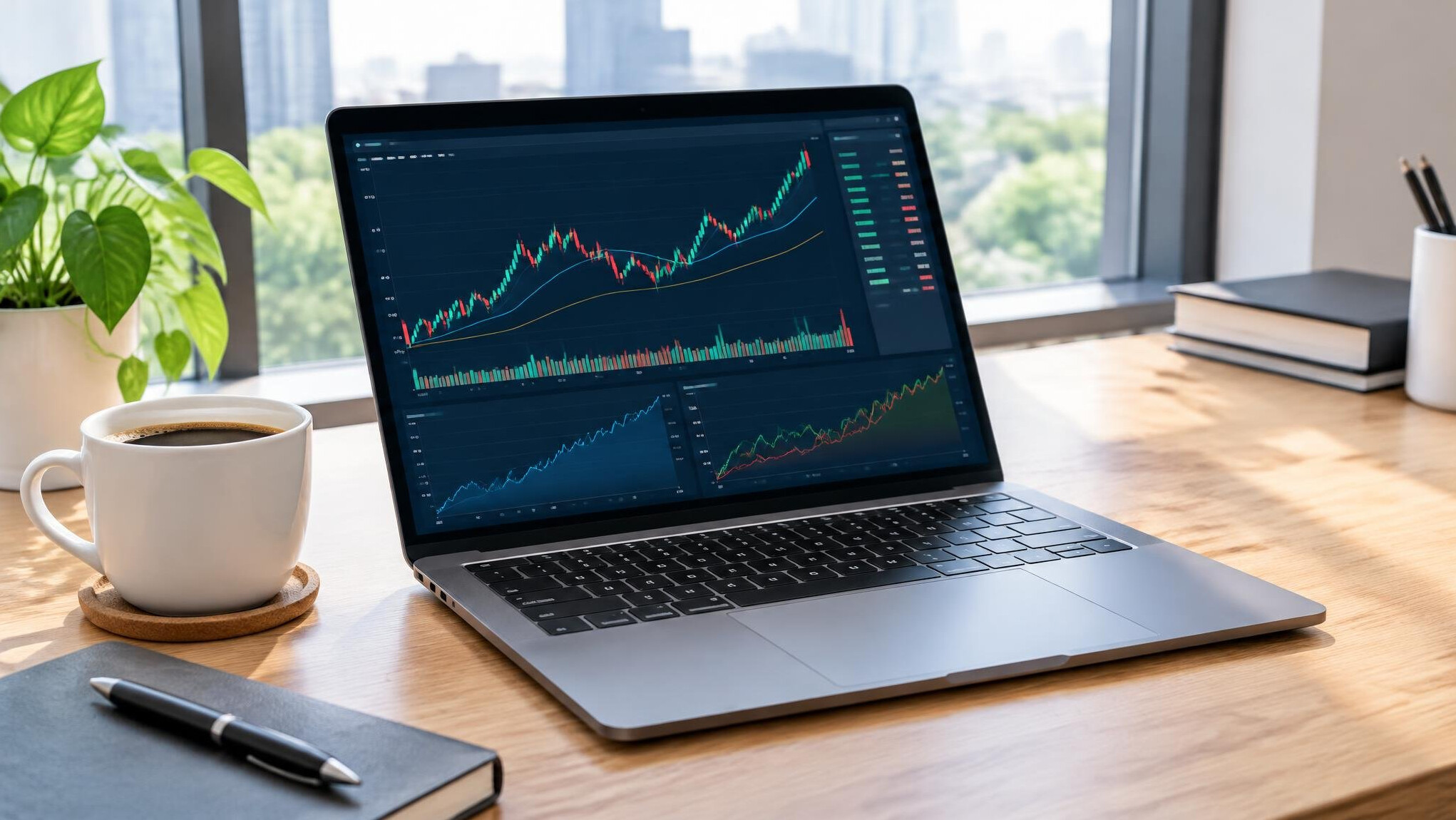 Laptop and charts on a desk for market research