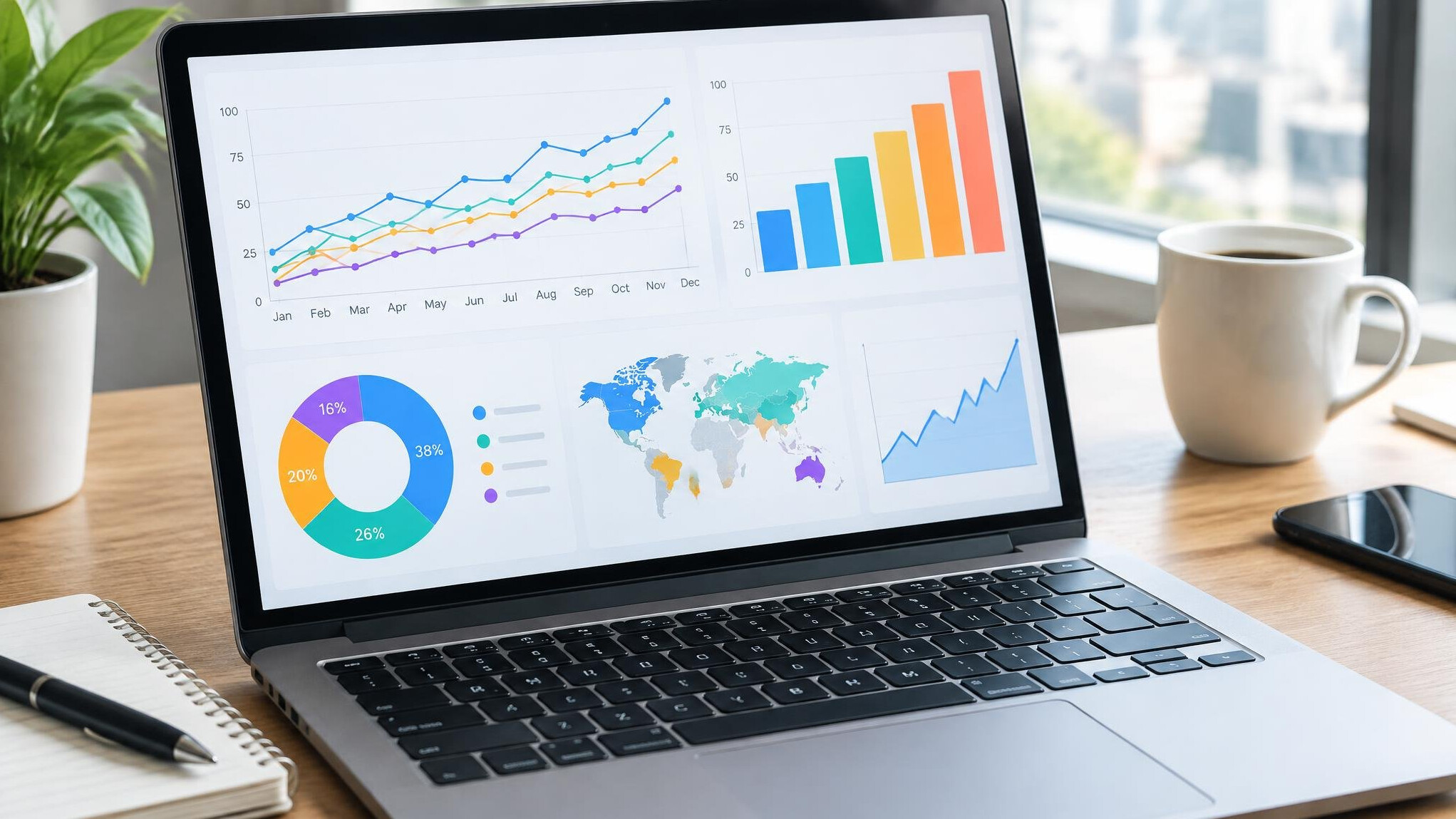 Laptop screen showing business charts and analytics