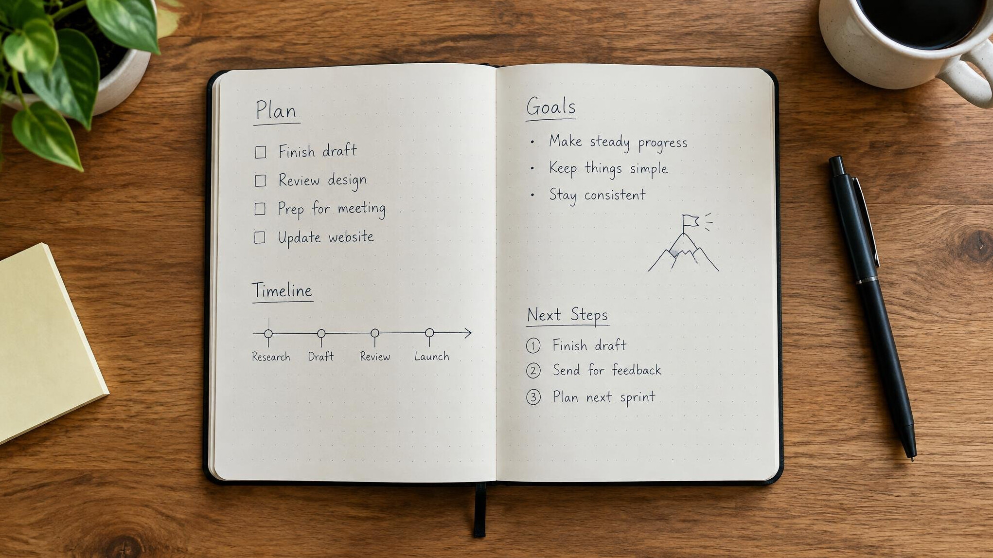 Notebook and pen on a desk with planning notes